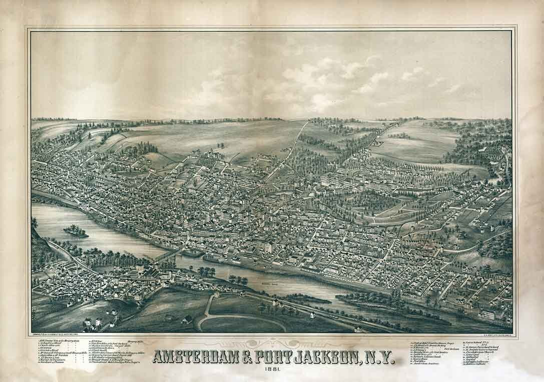 1881 Panoramic Map of Amsterdam Port Jackson New York