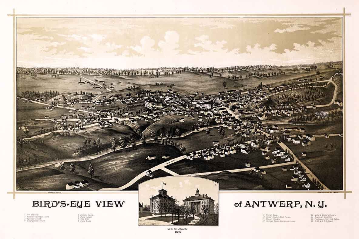 1888 Panoramic Map of Antwerp New York