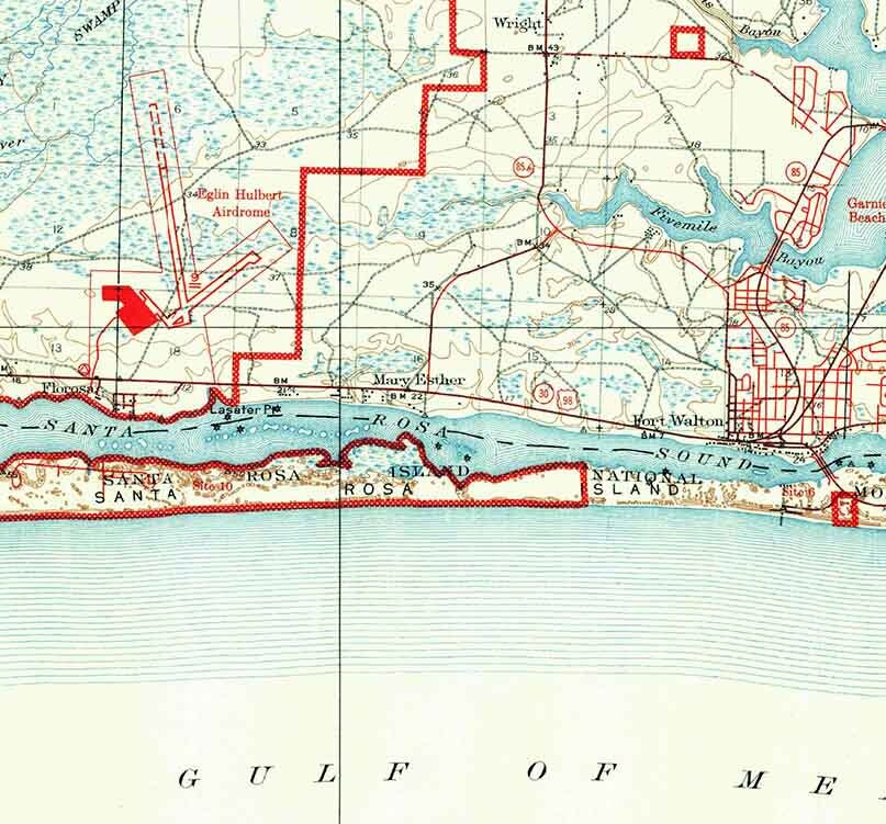 1938 Topo Map of Mary Esther Florida Quadrangle Fort Walton Beach