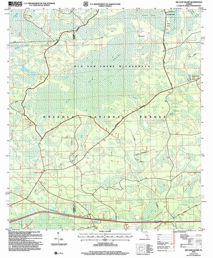 2005 Topo Map of Big Gum Swamp Florida Quadrangle Osceola National Forest