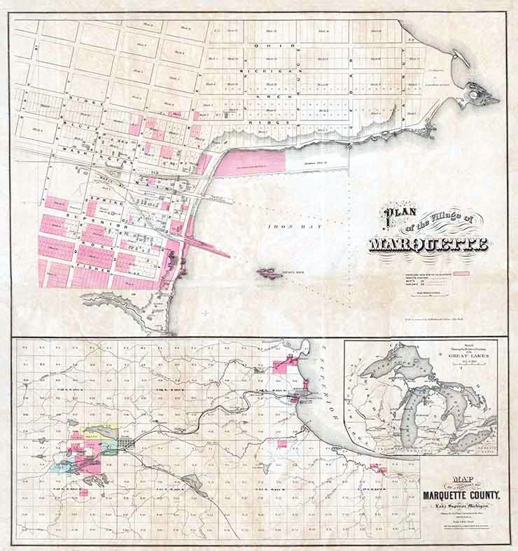 1880 Map of The Village of Marquette Marquette County Michigan Lake Superior