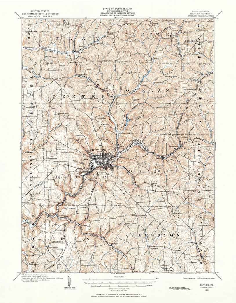 1909 Topo Map of Butler PA Quadrangle
