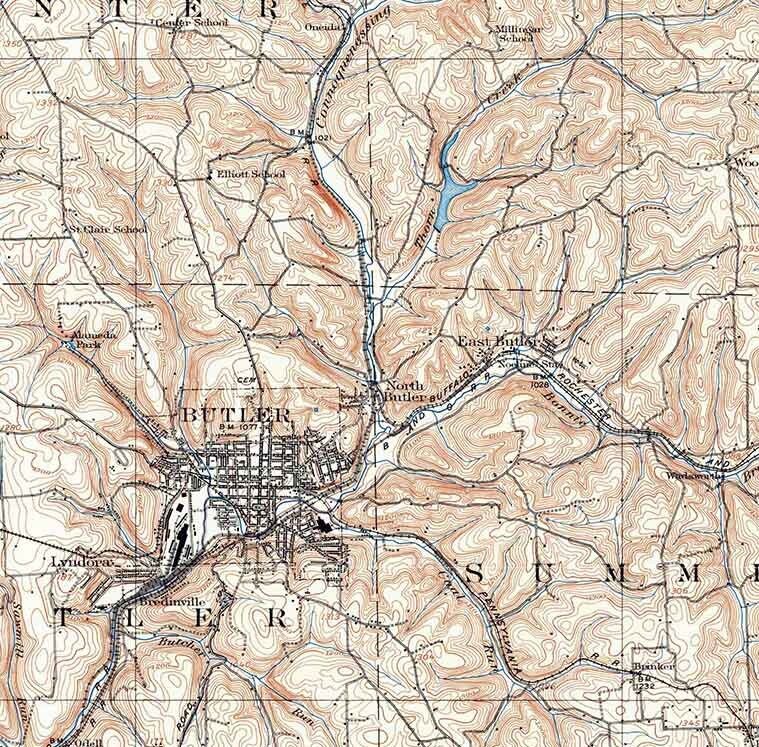 1909 Topo Map of Butler PA Quadrangle