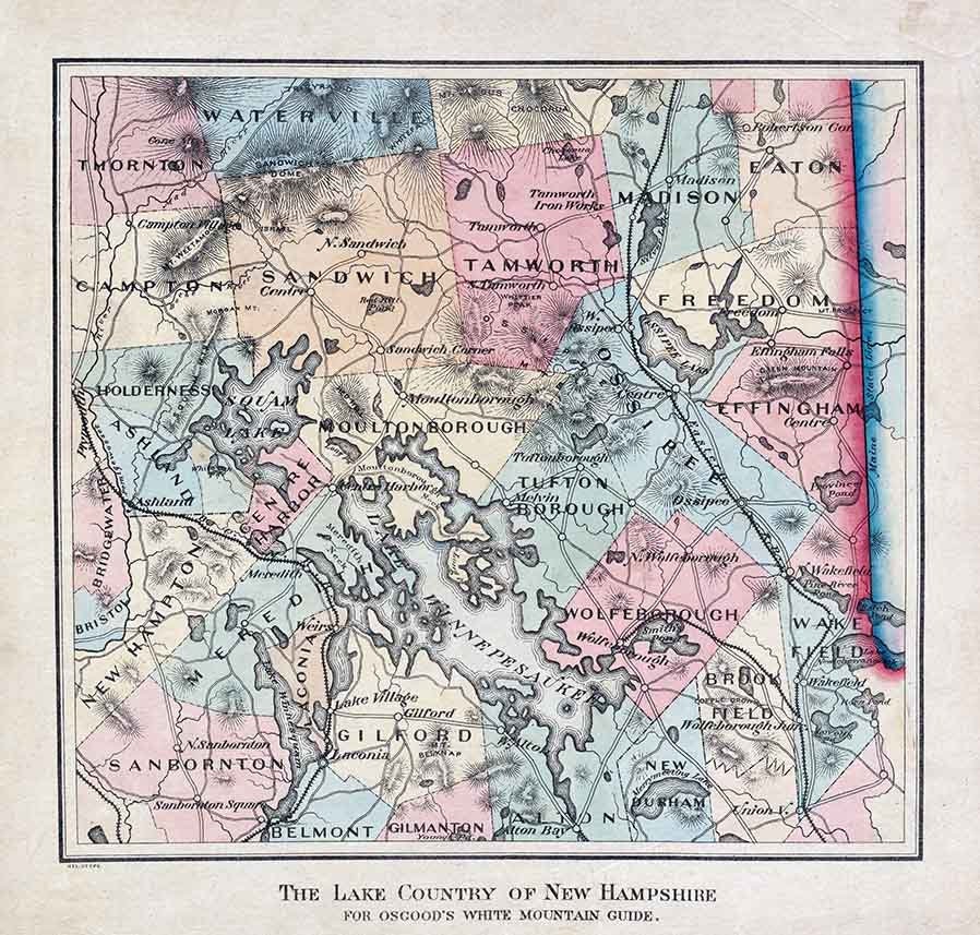 1870 Map of The Lake Country of New Hampshire Lake Winnepesaukee Colored