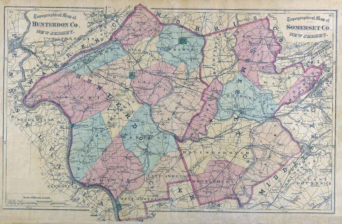 1872 Map of Hunterdon County Somerset County New Jersey