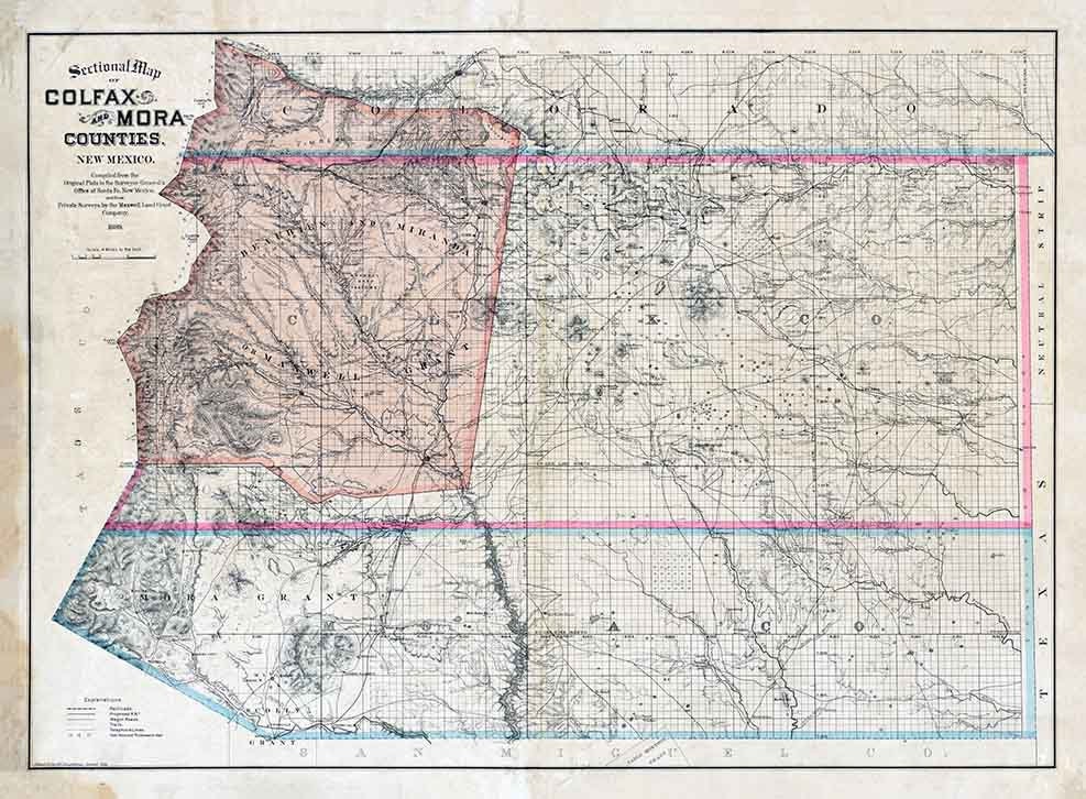 1889 Map of Colfax and Mora County New Mexico