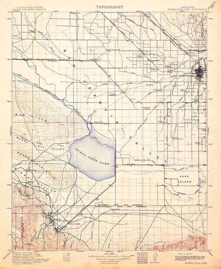 1910 Topo Map of Buena Vista Lake California Quadrangle