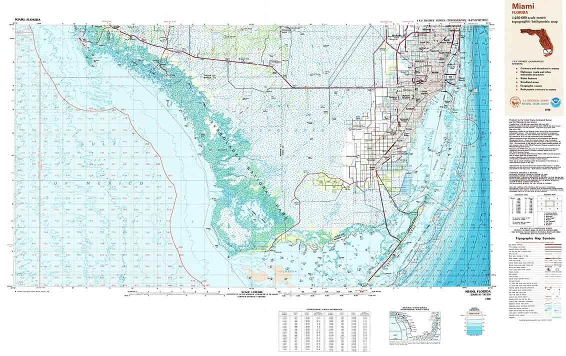 1988 Topo Map of Miami Florida Quadrangle & Everglades National Park