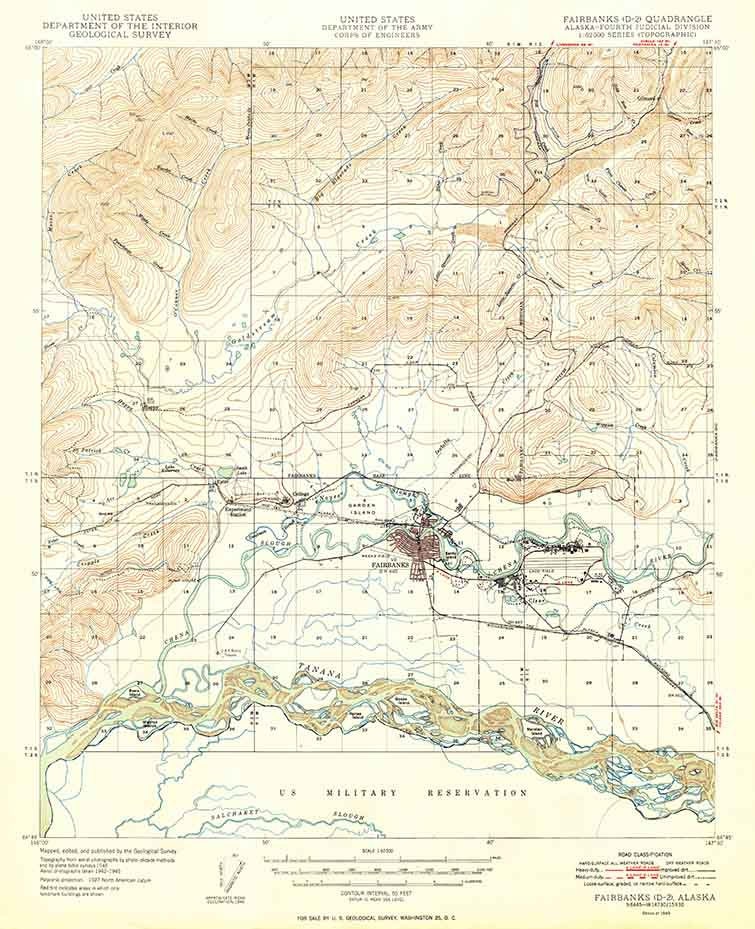 1949 Topo Map of Fairbanks Alaska Quadrangle