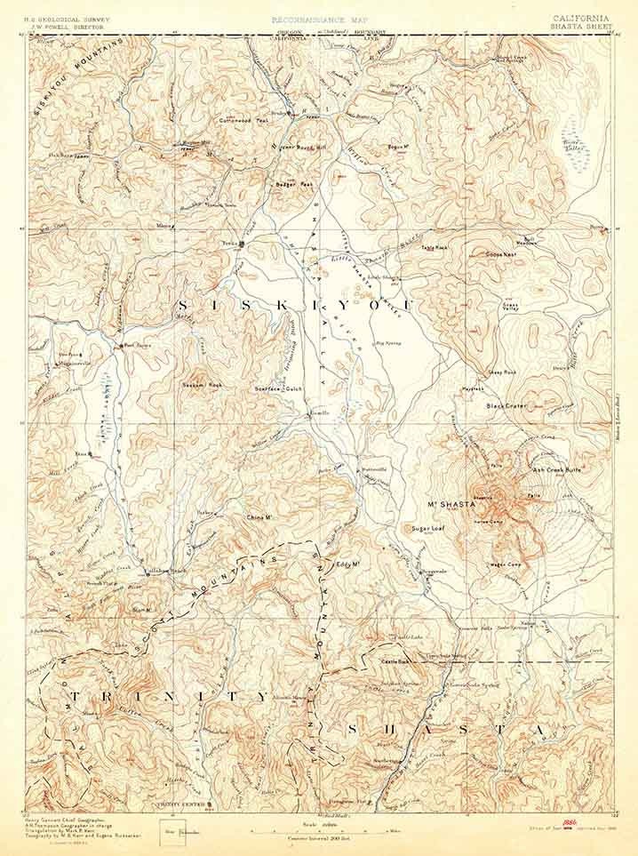 1886 Topo Map of Shasta California Siskiyou Trinity MT Shasta