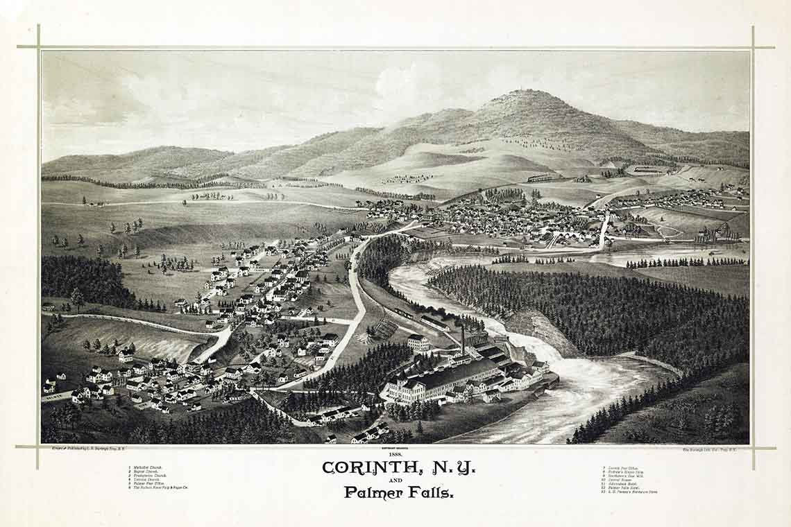 1888 Panoramic Map of Corinth New York Palmer Falls