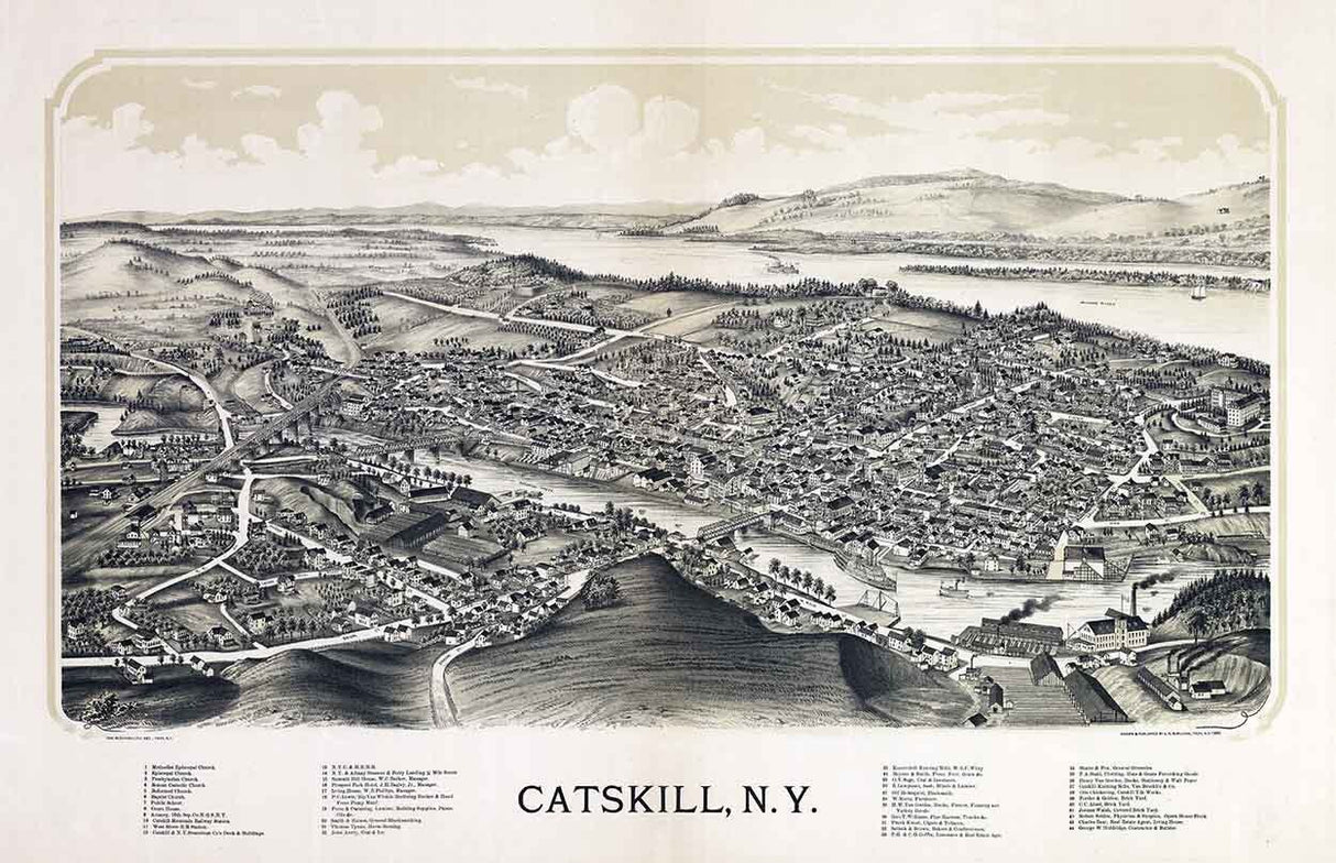 1889 Panoramic Map of Catskill New York