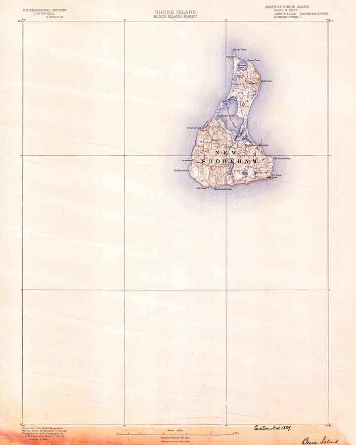 1889 Topo Map of Block Island Rhode Island New Shoreham