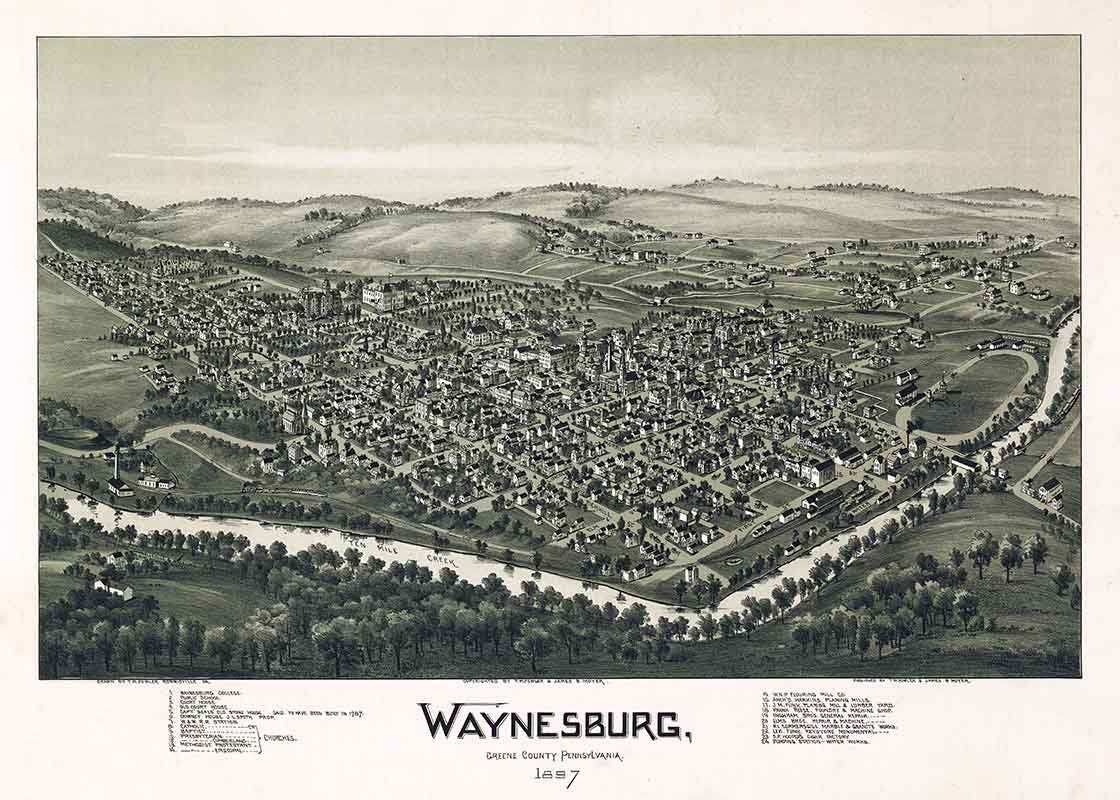 1897 Panoramic Map of Waynesburg Greene County Pennsylvania