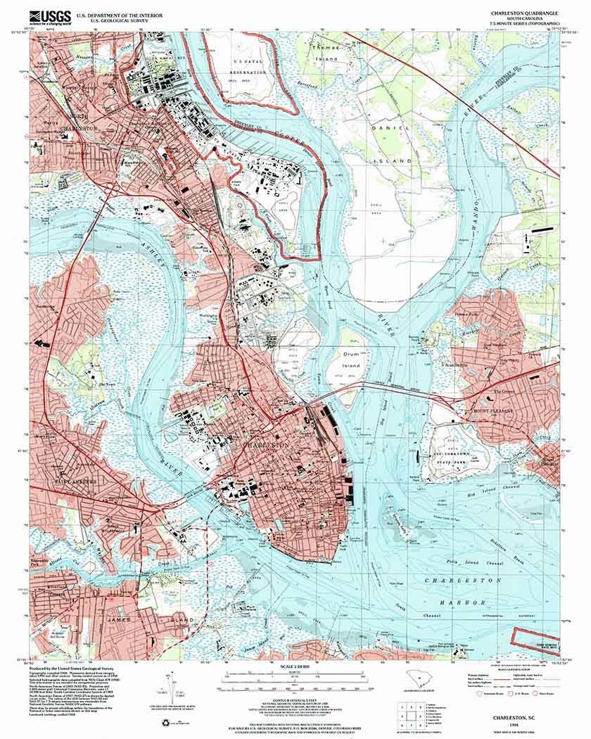 1994 Topo Map of Charleston South Carolina Quadrangle Charleston Harbor