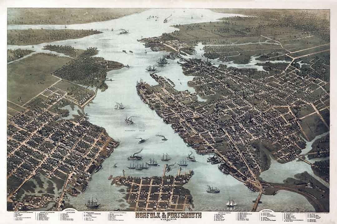 1873 Panoramic Map of Norfolk & Portsmouth Virginia