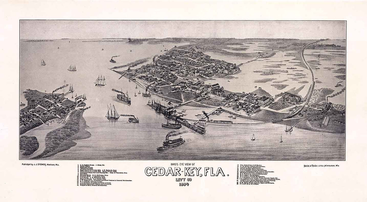 1884 Panoramic Map of Cedar-Key Levy County Florida