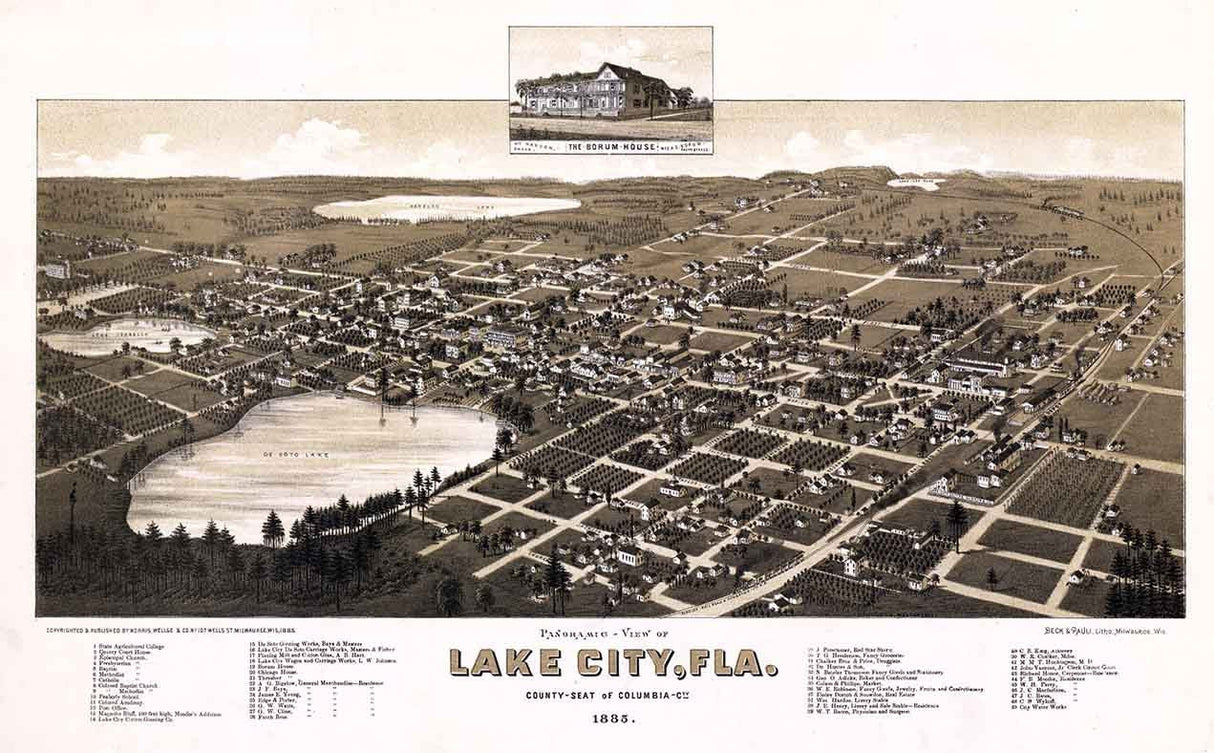 1885 Panoramic Map of Lake City Columbia County Florida