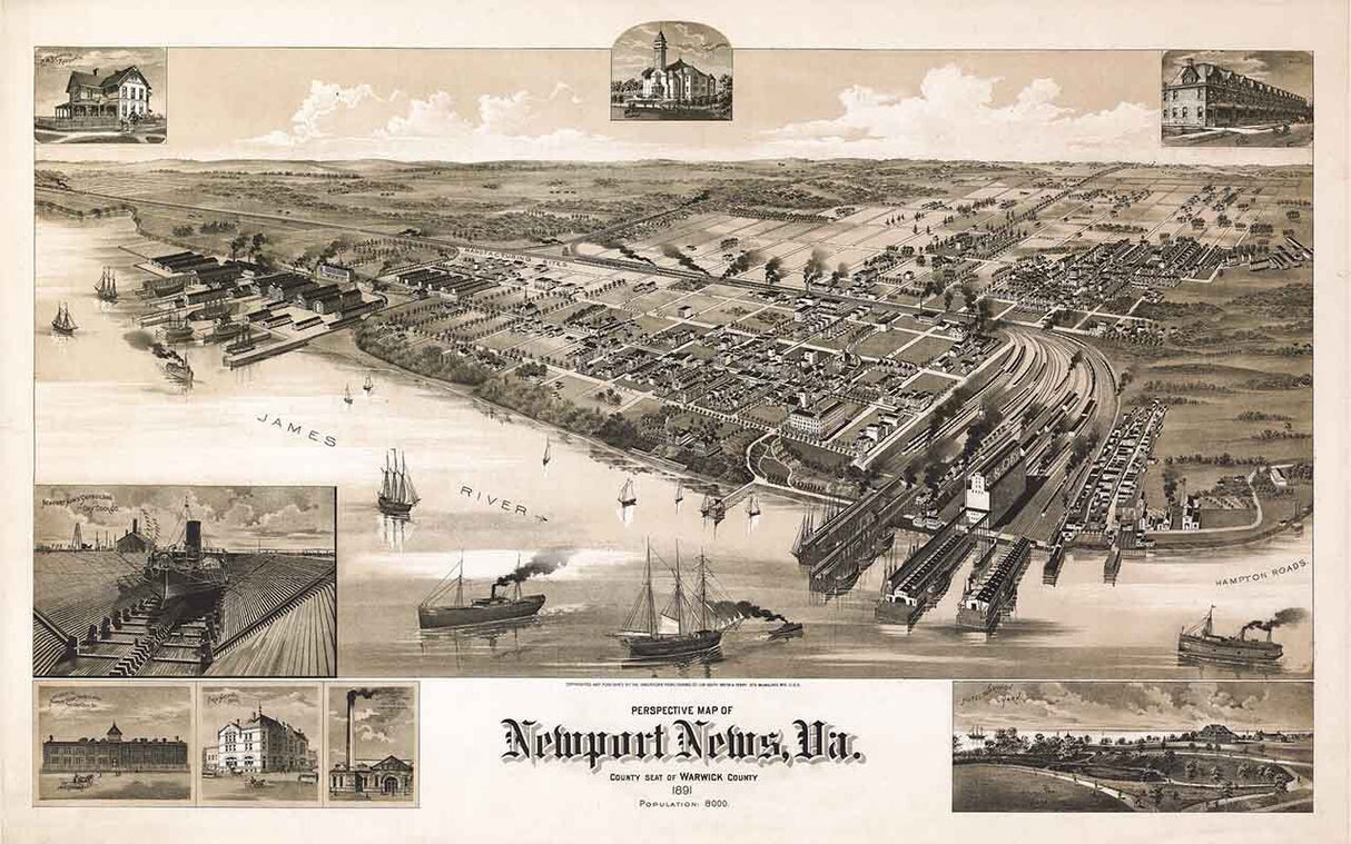 1891 Panoramic Map of Newport News Virginia