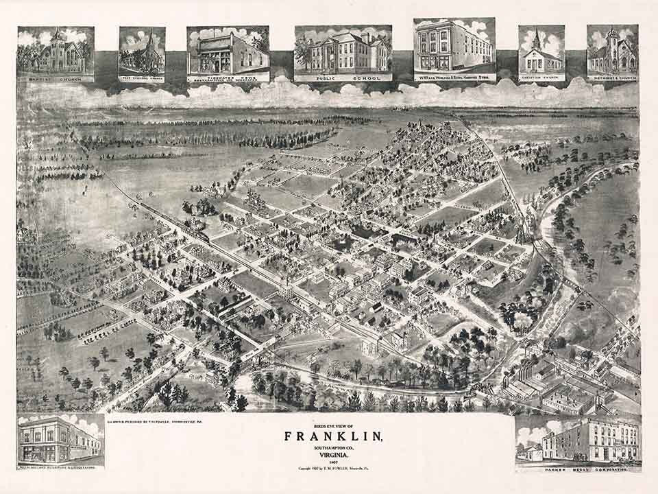 1907 Panoramic Map of Franklin Southampton County Virginia
