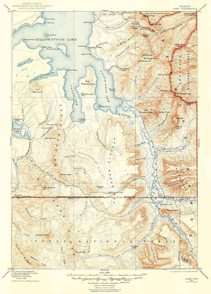 1885 Topo Map of Lake Wyoming Yellowstone Lake