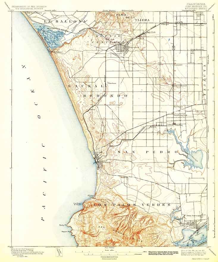 1896 Topo Map of Redondo California San Pedro Los Palos Verdes