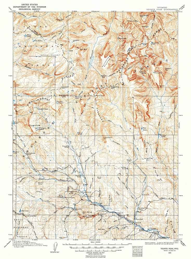 1905 Topo Map of Younts Peak Wyoming Shoshone National Forest