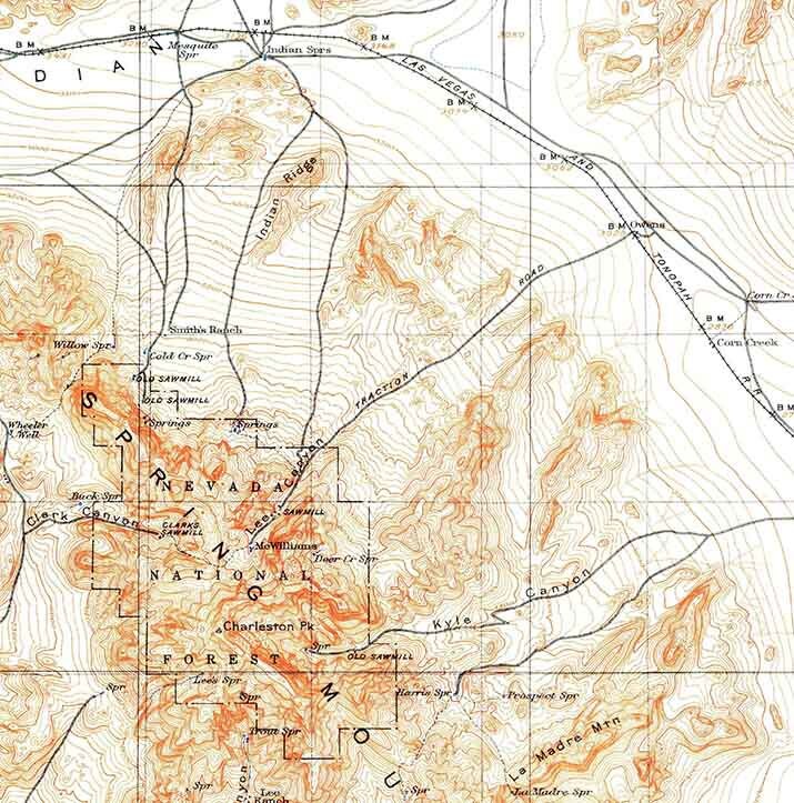 1907 Topo Map of Las Vegas Nevada Spring Mountains