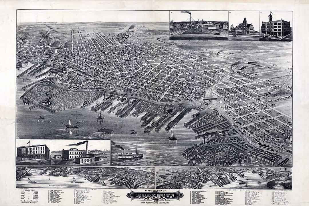 1889 Panoramic Map of Muskegon Michigan
