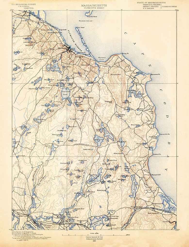 1889 Topo Map of Plymouth Massachusetts Quadrangle