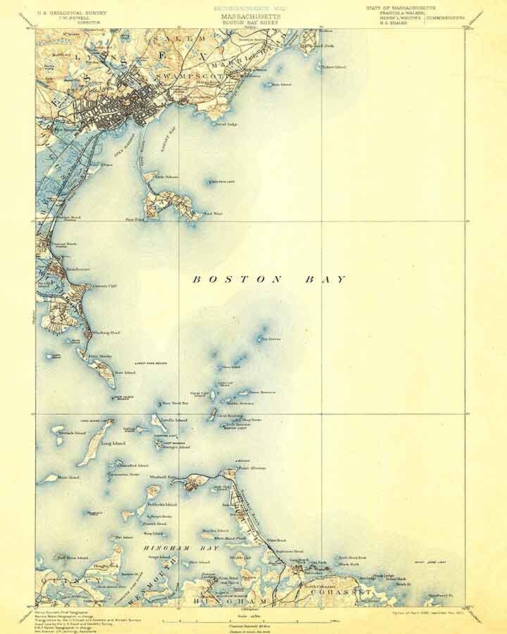 1892 Topo Map of Boston Bay Massachusetts Quadrangle