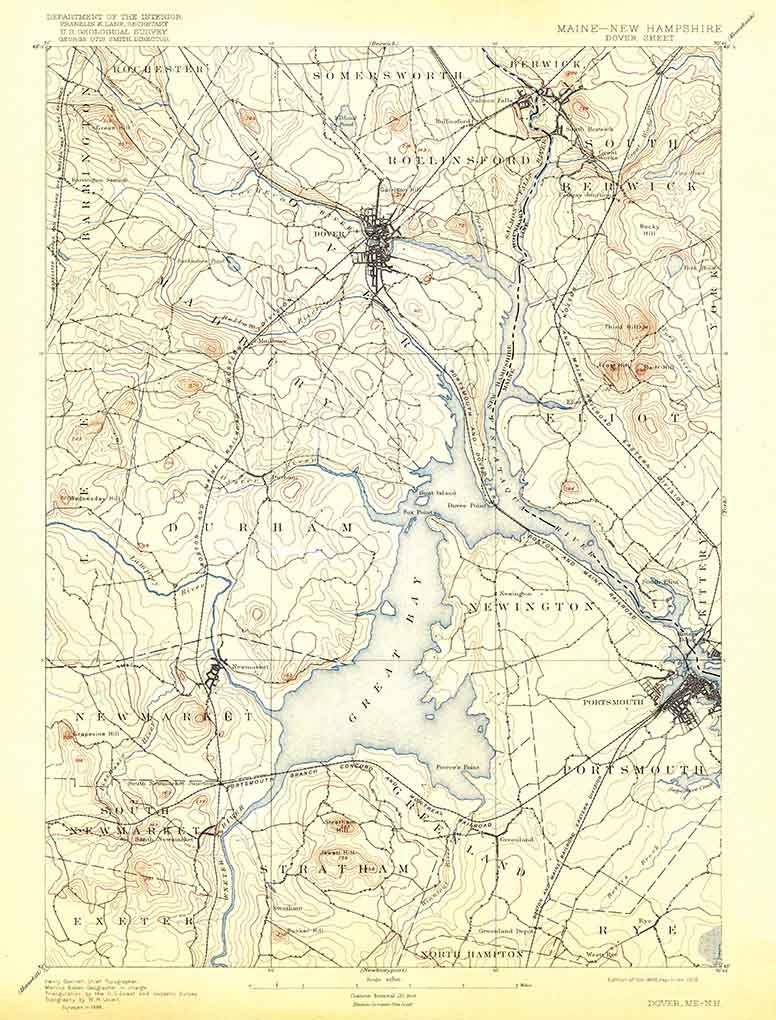 1893 Topo Map of Dover Maine Quadrangle Great Bay New Hampshire