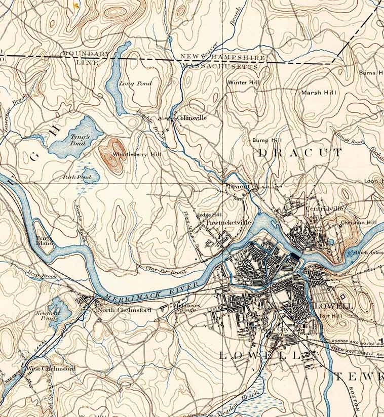 1893 Topo Map of Lowell Massachusetts Quadrangle