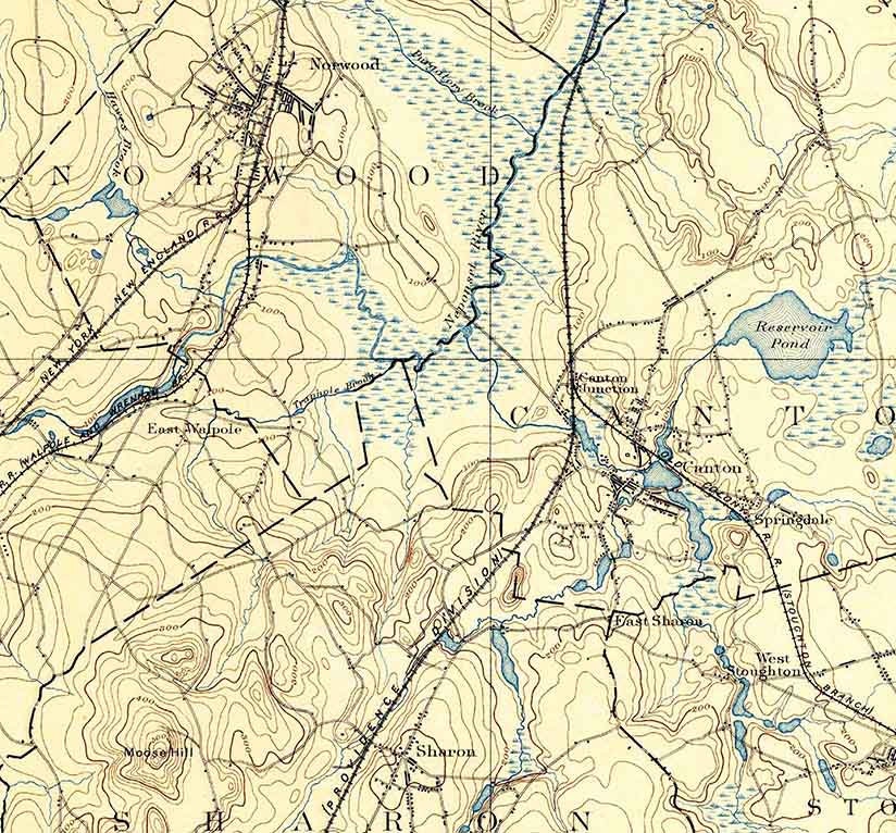 1894 Topo Map of Dedham Massachusetts Quadrangle