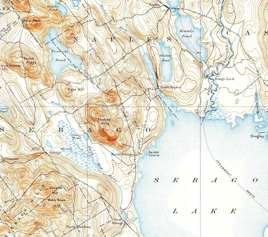 1896 Topo Map of Sebago Maine Quadrangle Sebago Lake