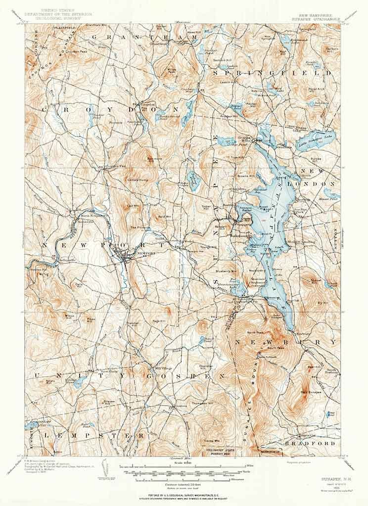 1902 Topo Map of Sunapee New Hampshire Quadrangle Sunapee Lake