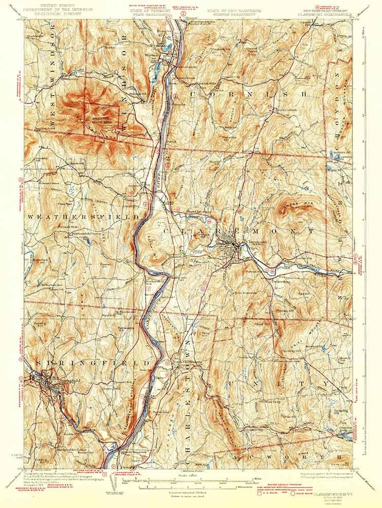 1929 Topo Map of Claremont New Hampshire Quadrangle