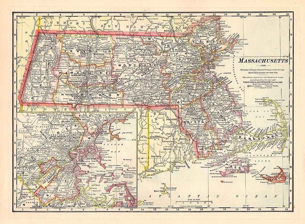 1911 Map of the State of Massachusetts Boston