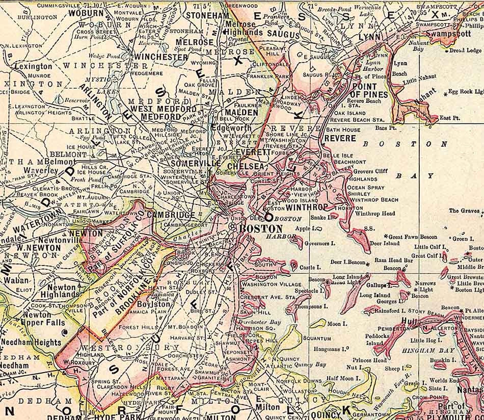 1911 Map of the State of Massachusetts Boston