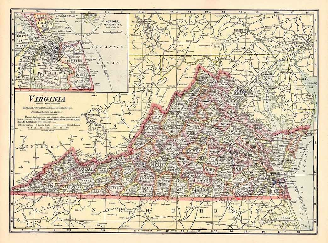 1911 Map of the State of Virginia Atlantic Ocean Norfolk