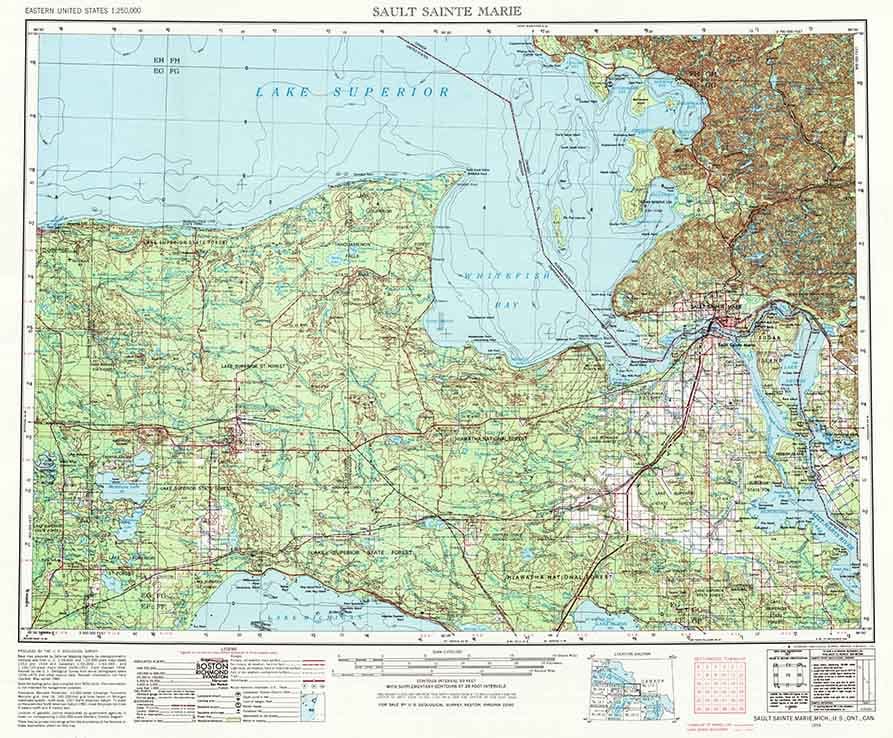 1954 Topo Map of Sault Sainte Marie Michigan Lake Superior & Whitefish Bay