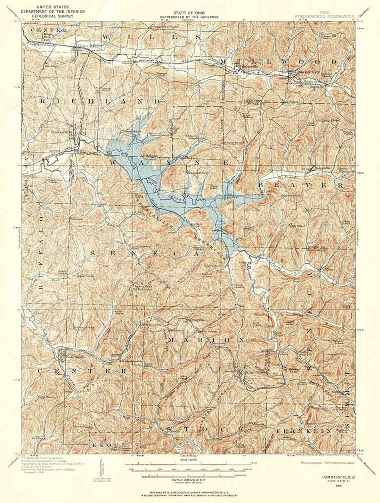 1909 Topo Map of Summerfield Ohio Quadrangle Senecaville Lake