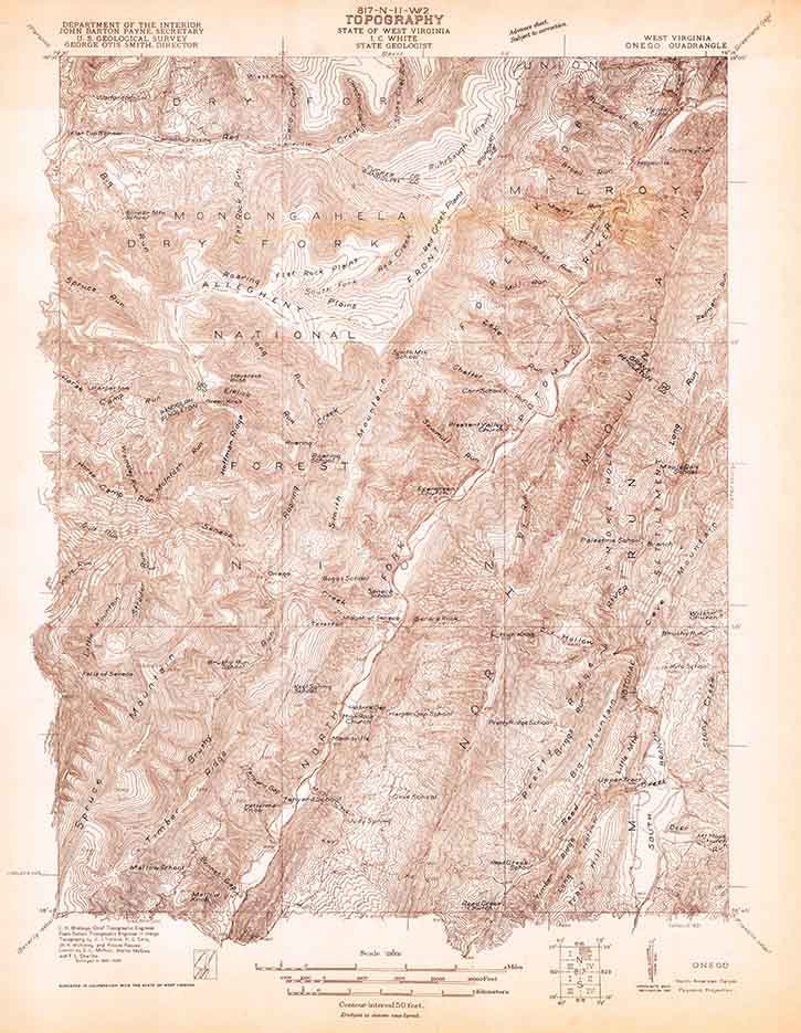 1921 Topo Map of Onego West Virginia Senica Rocks