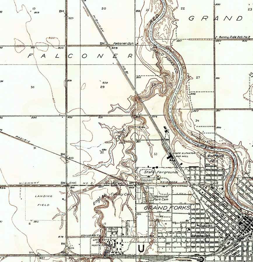 1934 Topo Map of Grand Forks North Dakota Quadrangle