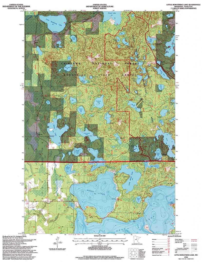 1996 Topo Map of Little Bowstring Lake MN Chippewa National Forest