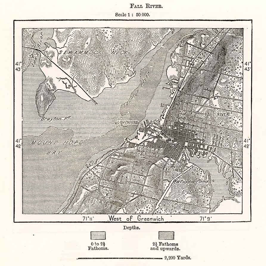 1885 Map of Fall River Mount Hope Bay Massachusetts