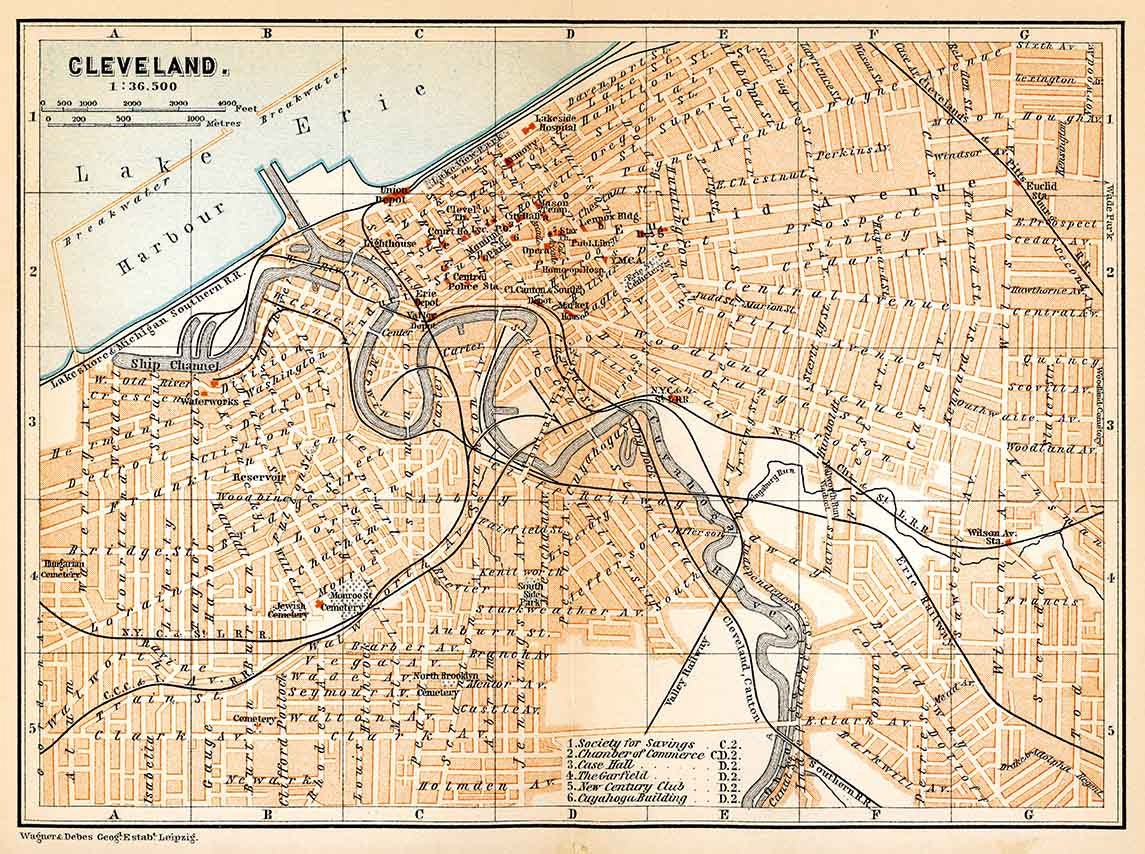 1899 Map of Cleveland Ohio Baedeker Map Lake Erie