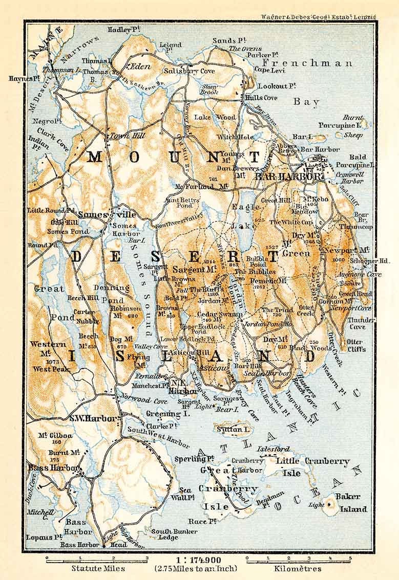 1909 Map of Mount Desert Island Maine Bar Harbor by Baedeker