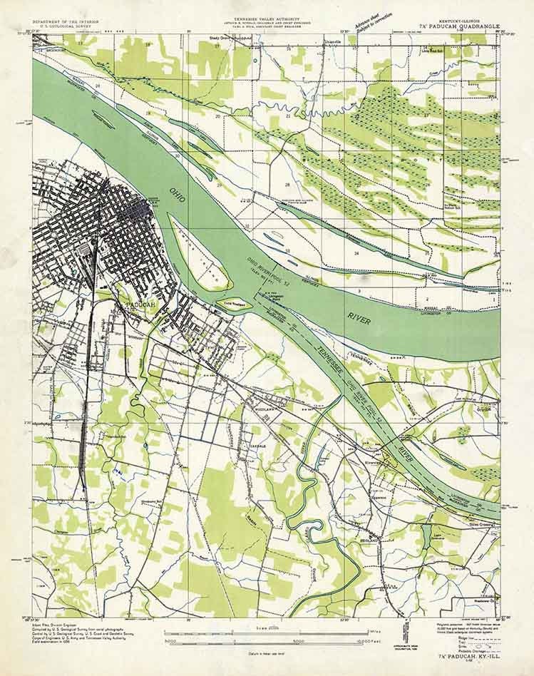 1936 Topo Map of Paducah Kentucky Ohio River Tennessee River