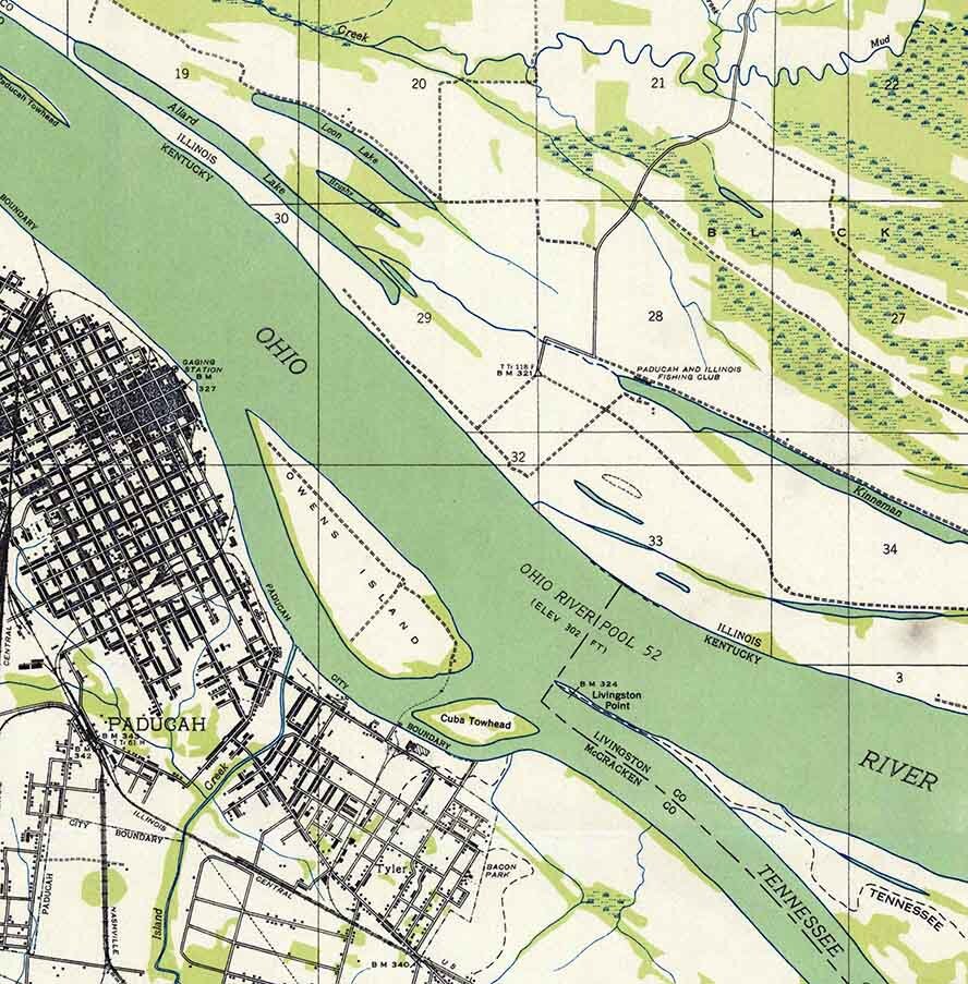 1936 Topo Map of Paducah Kentucky Ohio River Tennessee River